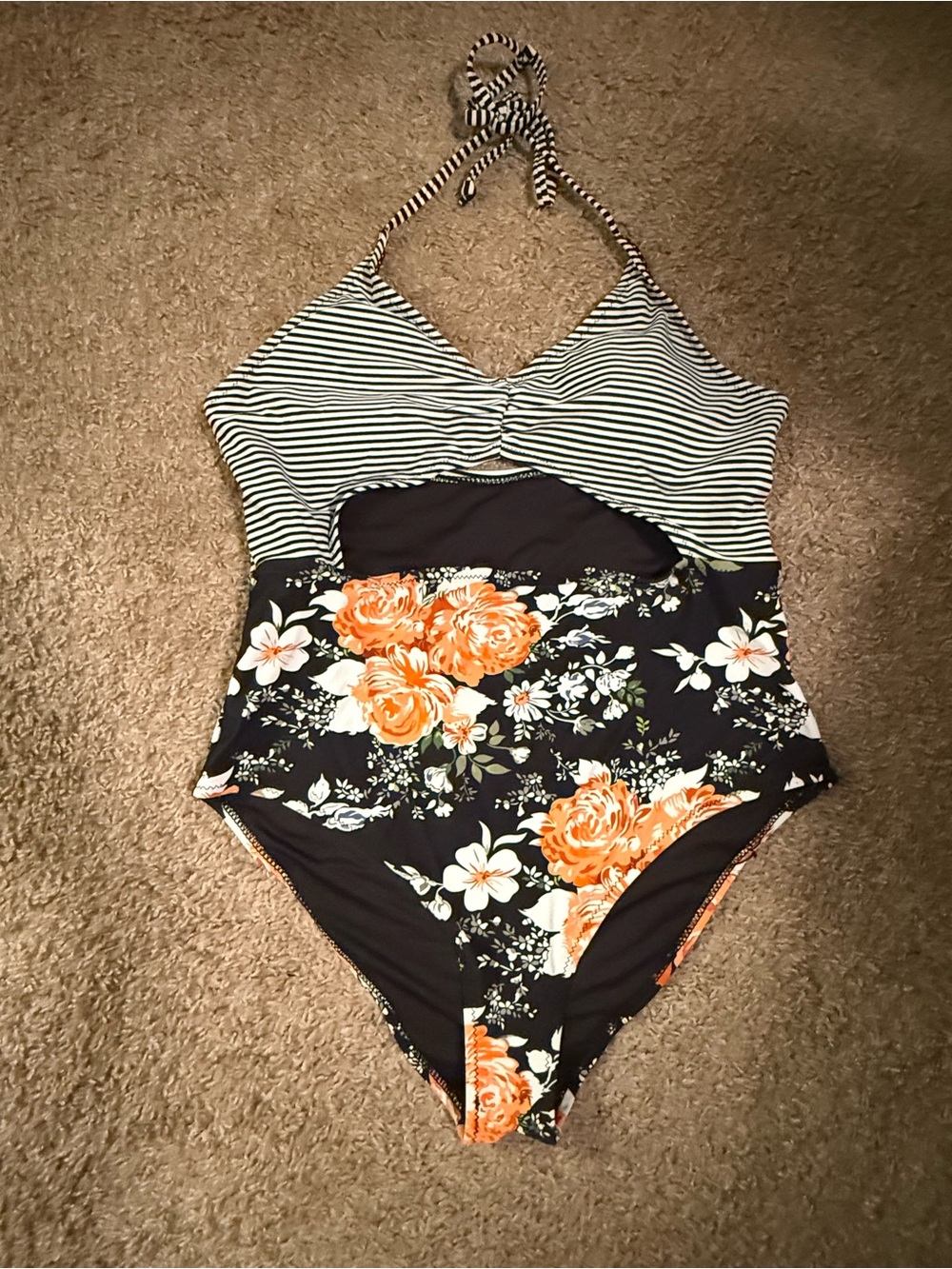 Cupshe Black & Peachy, Orange Striped Floral One-Piece Swimsuit